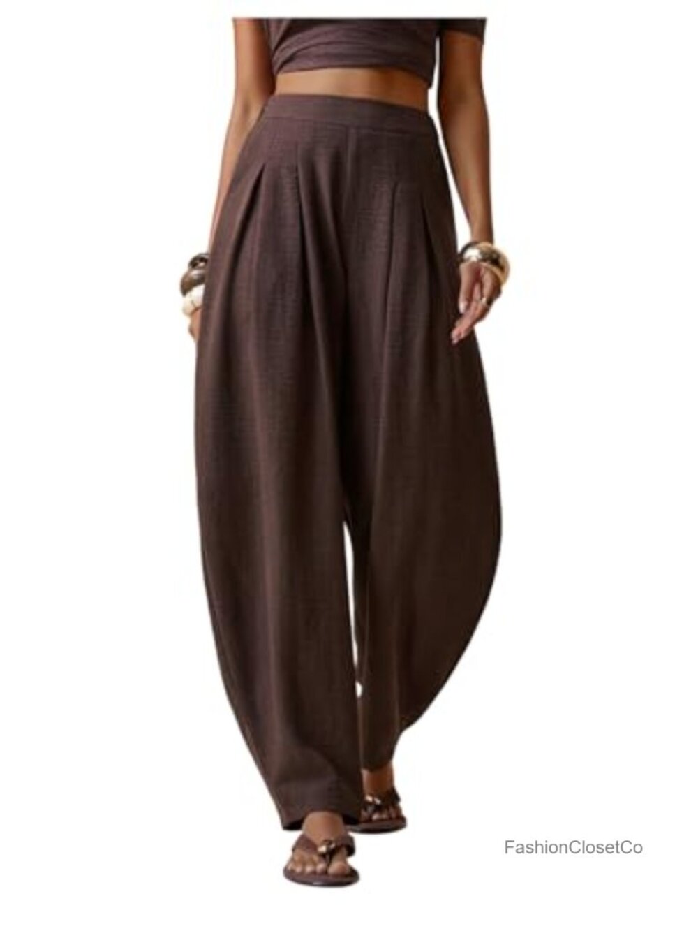 Womens Pleated Wide Leg Barrel Pants Elastic Waist Baggy Pull On Trousers